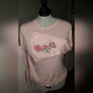 Pink Embroidered Bell Sleeve Sweater